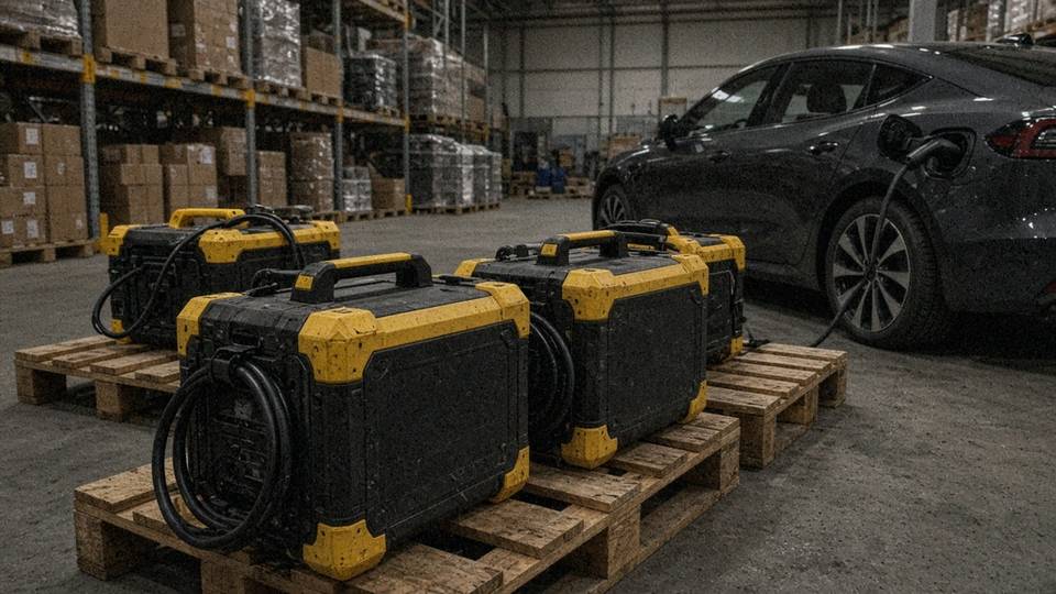 Power bank portatili per auto elettriche su pallet in magazzino, uno in carica su un'auto elettrica