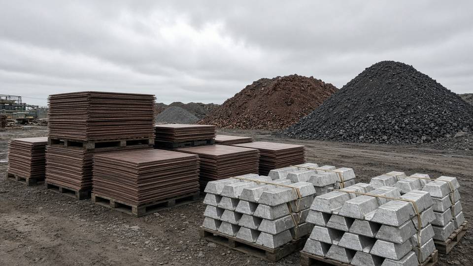 Piazzale materie prime con pile di catodi di rame, lingotti di alluminio e cumuli di minerale